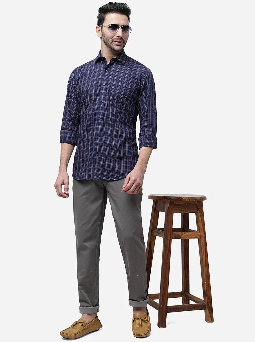 Navy Blue Checked Slim Fit Casual Shirt | JadeBlue