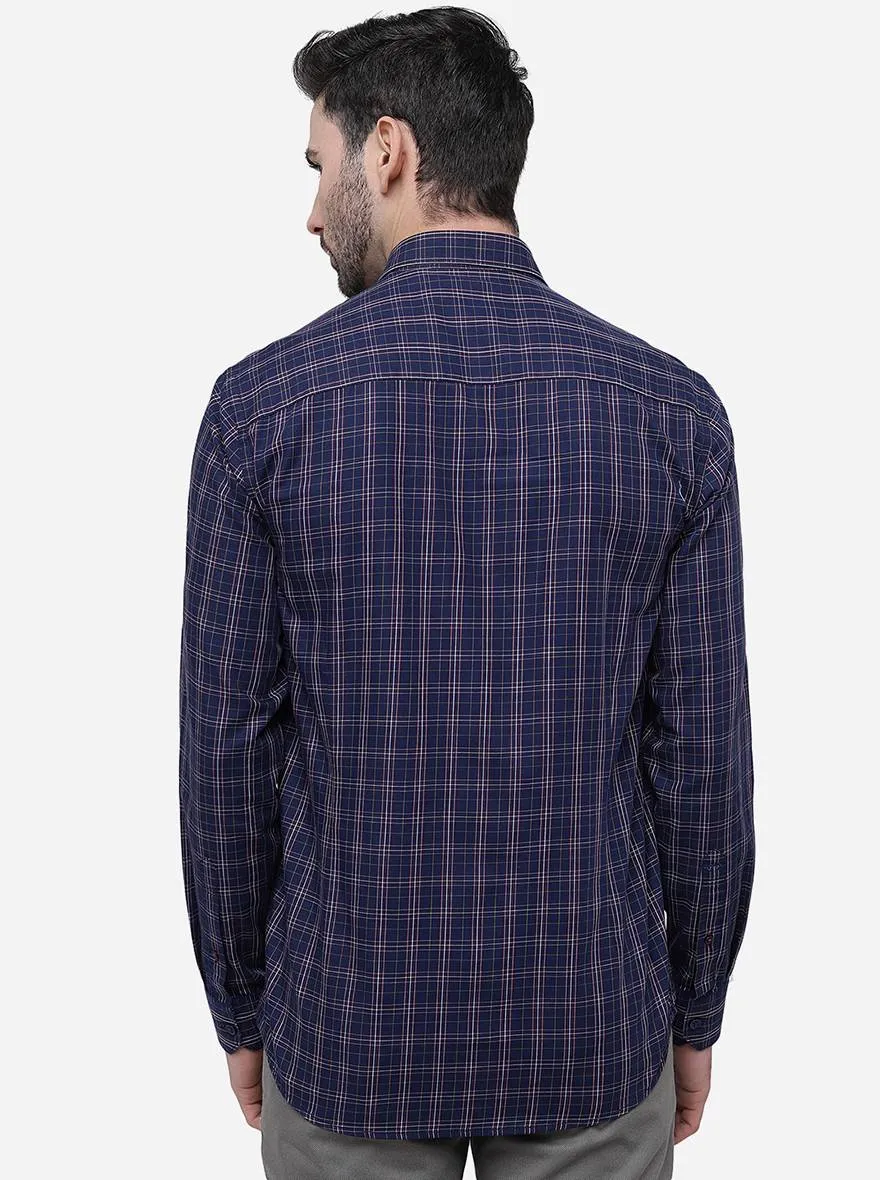 Navy Blue Checked Slim Fit Casual Shirt | JadeBlue