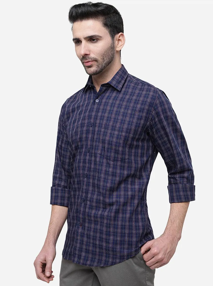 Navy Blue Checked Slim Fit Casual Shirt | JadeBlue