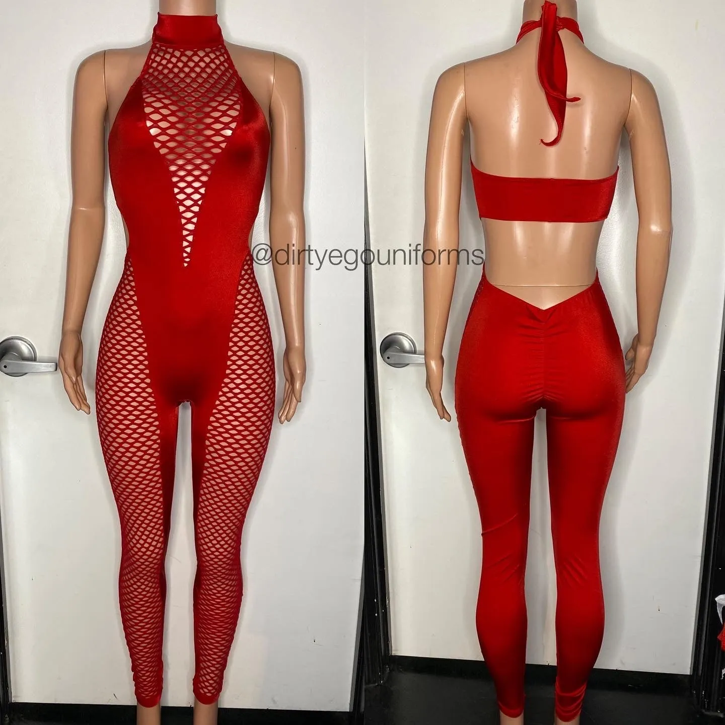 Net chest and leg halter jumpsuit