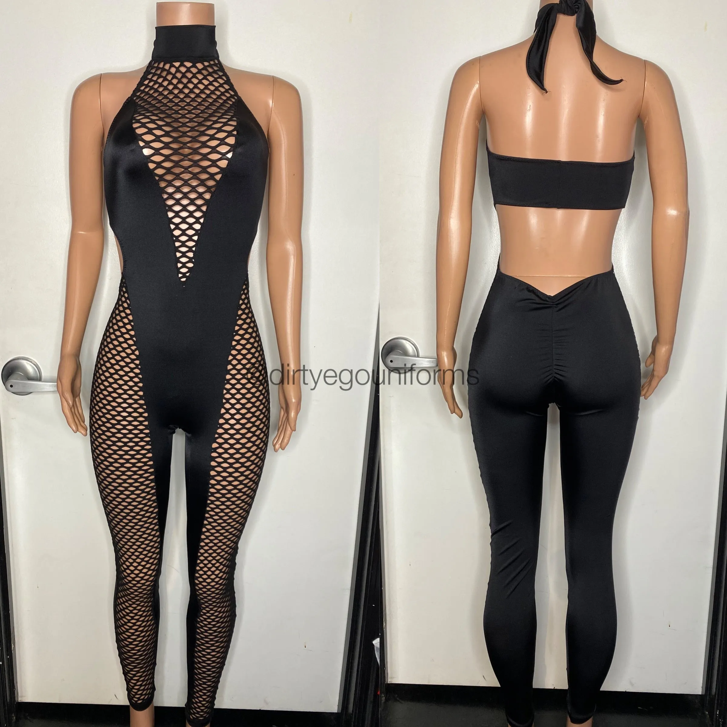 Net chest and leg halter jumpsuit