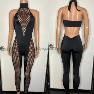 Net chest and leg halter jumpsuit