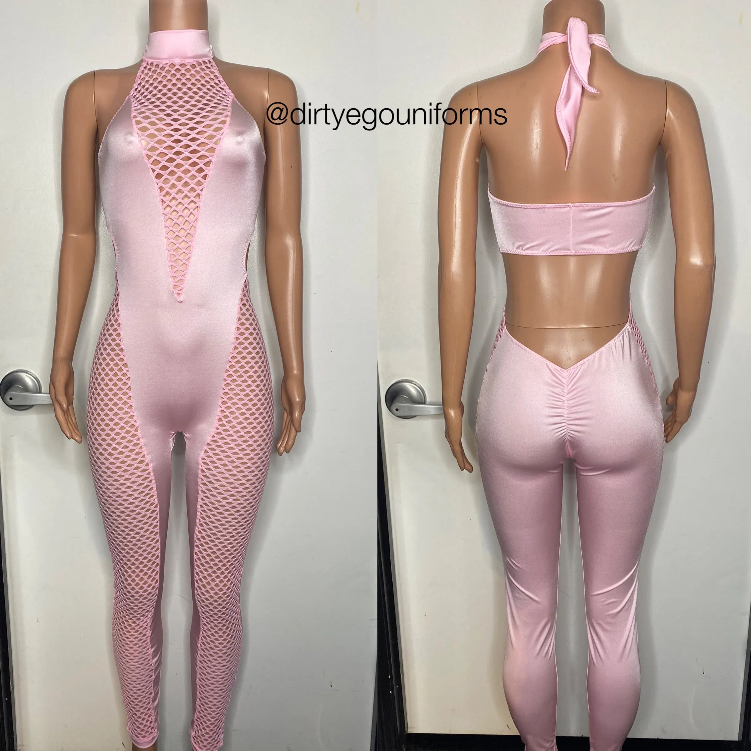 Net chest and leg halter jumpsuit