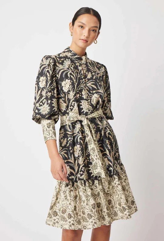 ONCE WAS FARRAH LINEN VISCOSE HIGH NECK PLEAT SLEEVE BUTTON FRONT DRESS