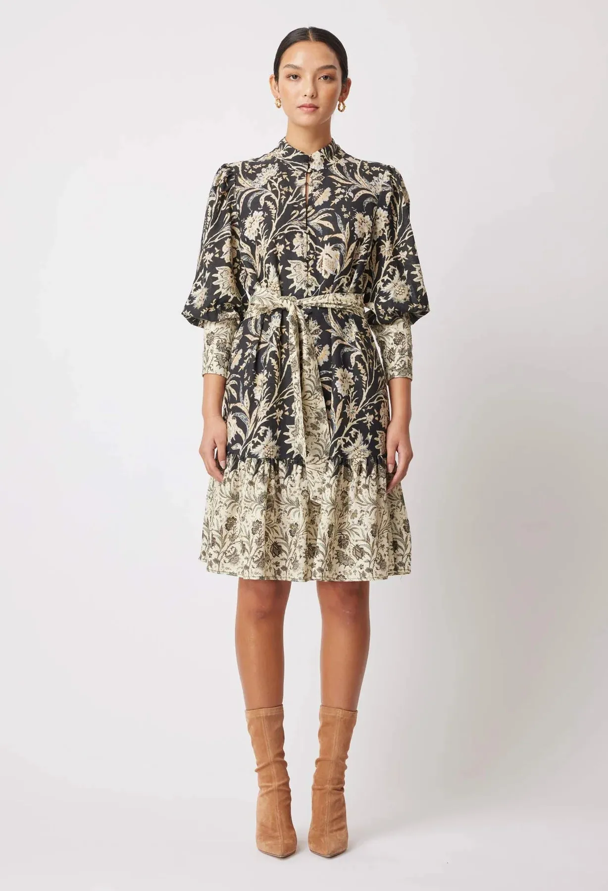 ONCE WAS FARRAH LINEN VISCOSE HIGH NECK PLEAT SLEEVE BUTTON FRONT DRESS