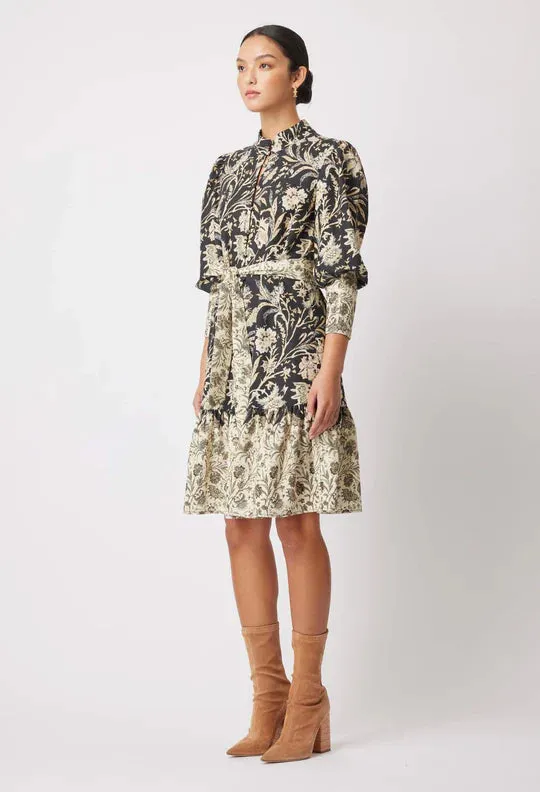 ONCE WAS FARRAH LINEN VISCOSE HIGH NECK PLEAT SLEEVE BUTTON FRONT DRESS