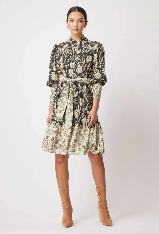 ONCE WAS FARRAH LINEN VISCOSE HIGH NECK PLEAT SLEEVE BUTTON FRONT DRESS