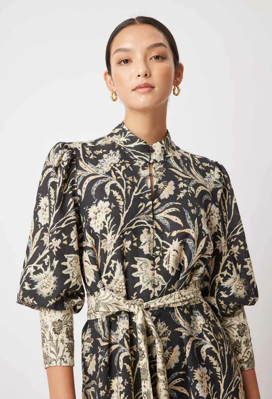 ONCE WAS FARRAH LINEN VISCOSE HIGH NECK PLEAT SLEEVE BUTTON FRONT DRESS