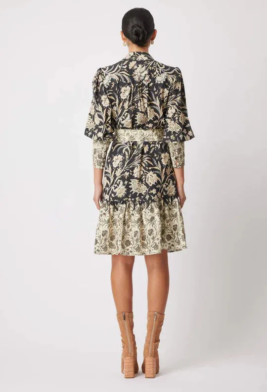 ONCE WAS FARRAH LINEN VISCOSE HIGH NECK PLEAT SLEEVE BUTTON FRONT DRESS