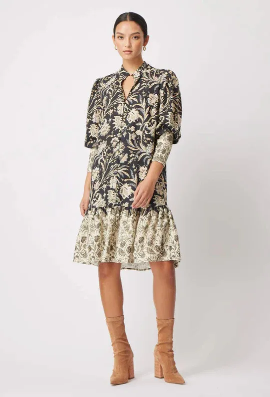 ONCE WAS FARRAH LINEN VISCOSE HIGH NECK PLEAT SLEEVE BUTTON FRONT DRESS