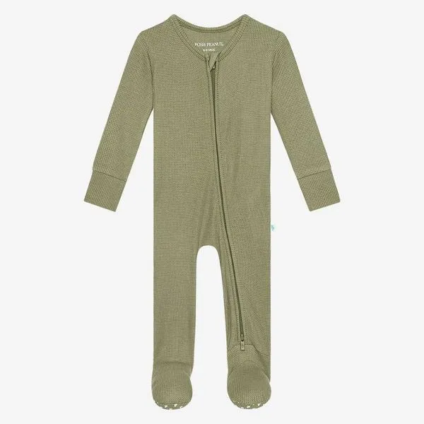 Posh Peanut Olive Waffle Footie Zippered One Piece