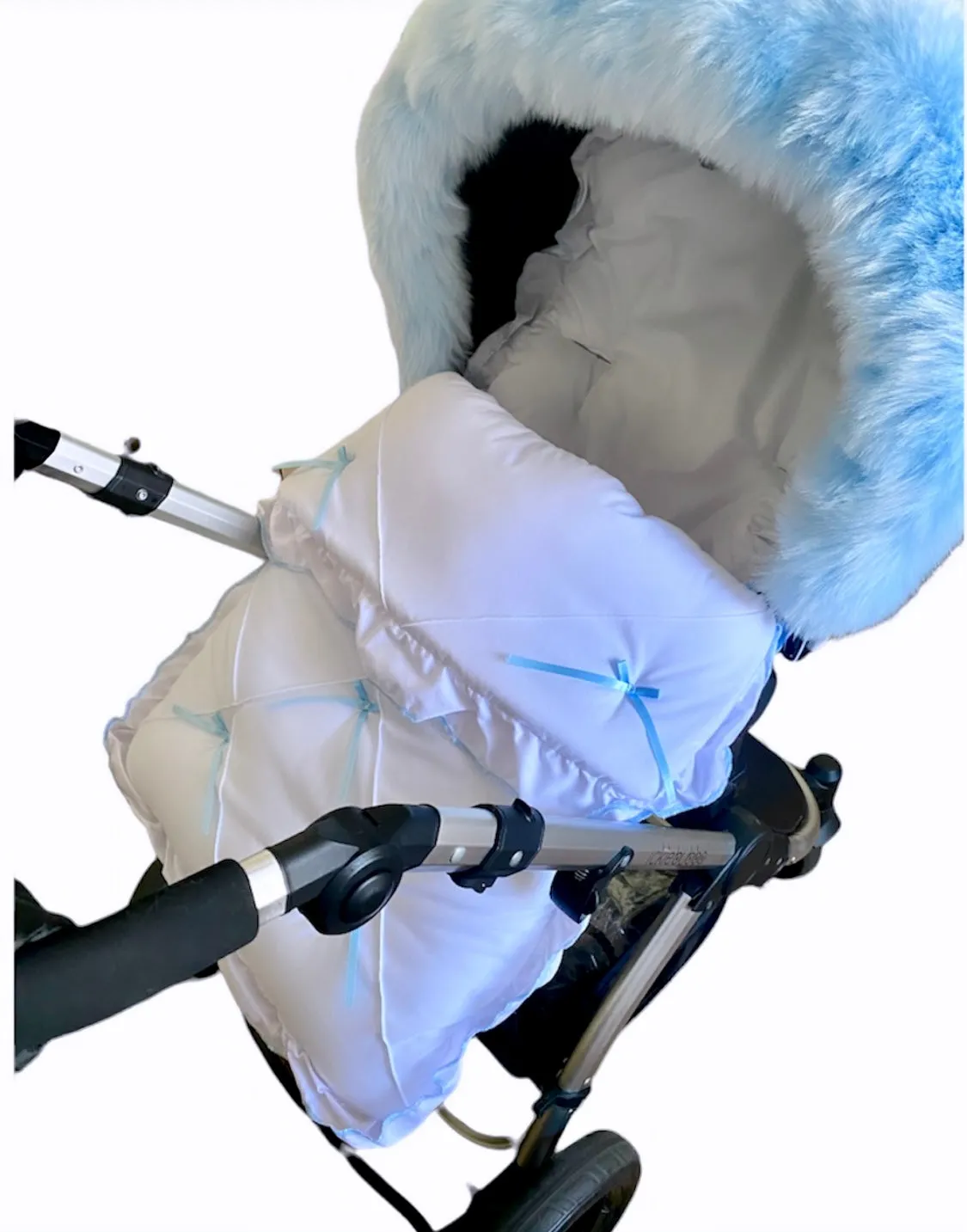 Pram Footmuff Cosy Toes - White with Blue Bows