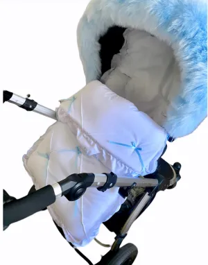 Pram Footmuff Cosy Toes - White with Blue Bows
