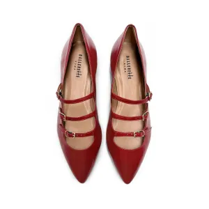 Red shiny pointed-toe ballet flats with straps