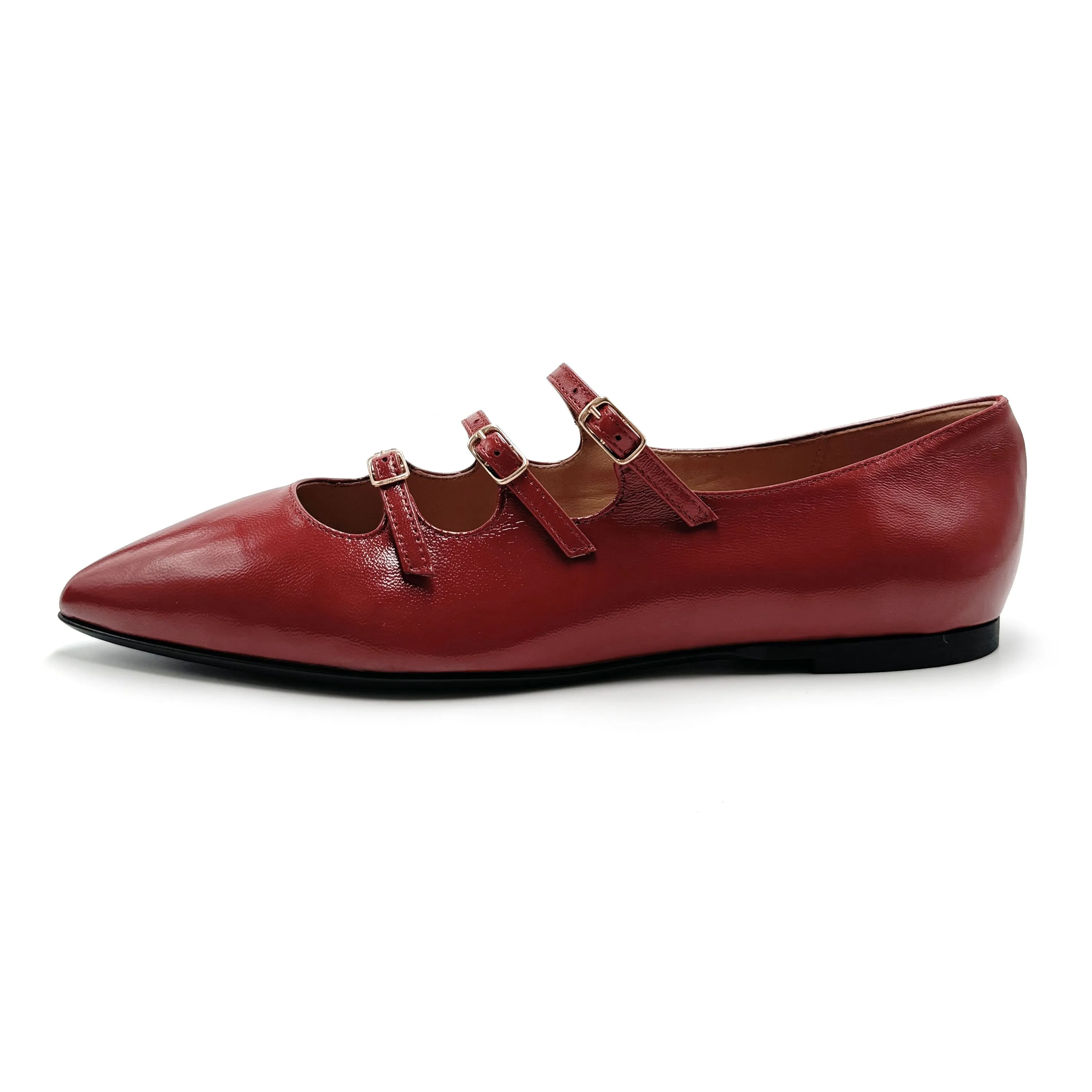 Red shiny pointed-toe ballet flats with straps