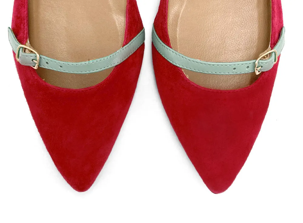 Red Suede Ballet Flats with Turquoise Straps