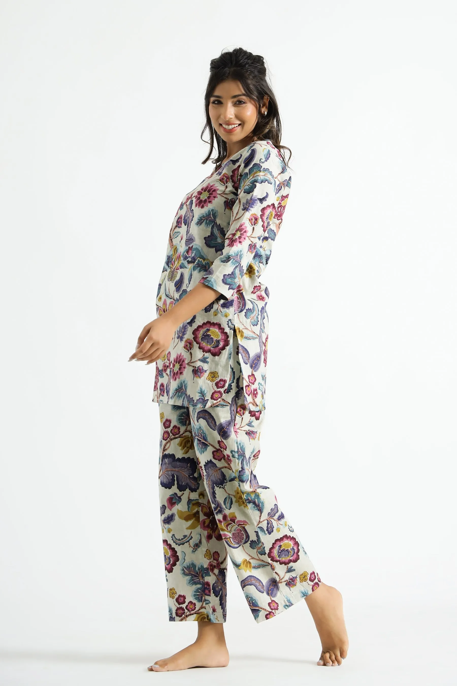 RheyCart Women's Cotton Rayon Printed V Neck 3/4th Sleeve Multicolor Co Ord Set For Women