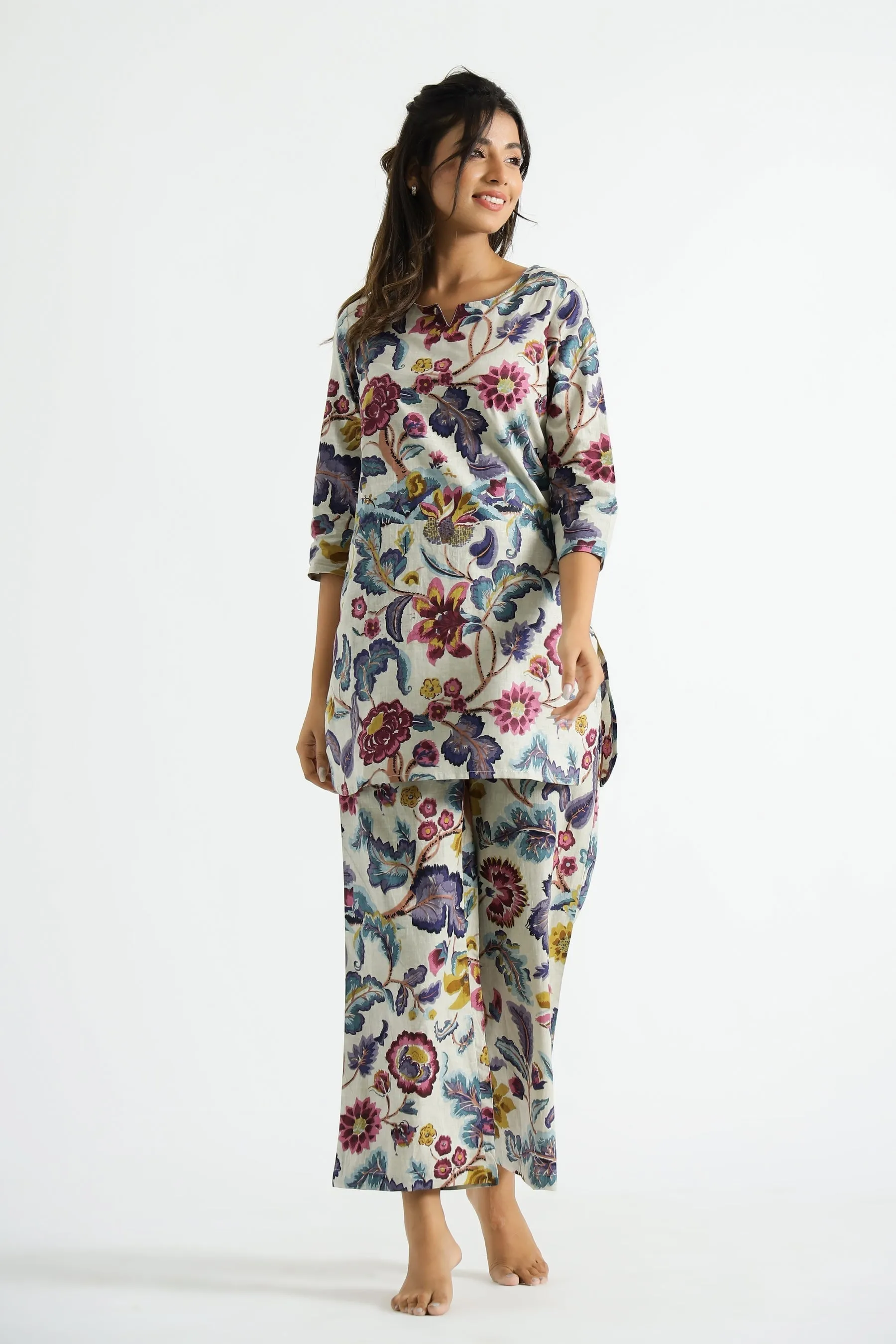 RheyCart Women's Cotton Rayon Printed V Neck 3/4th Sleeve Multicolor Co Ord Set For Women