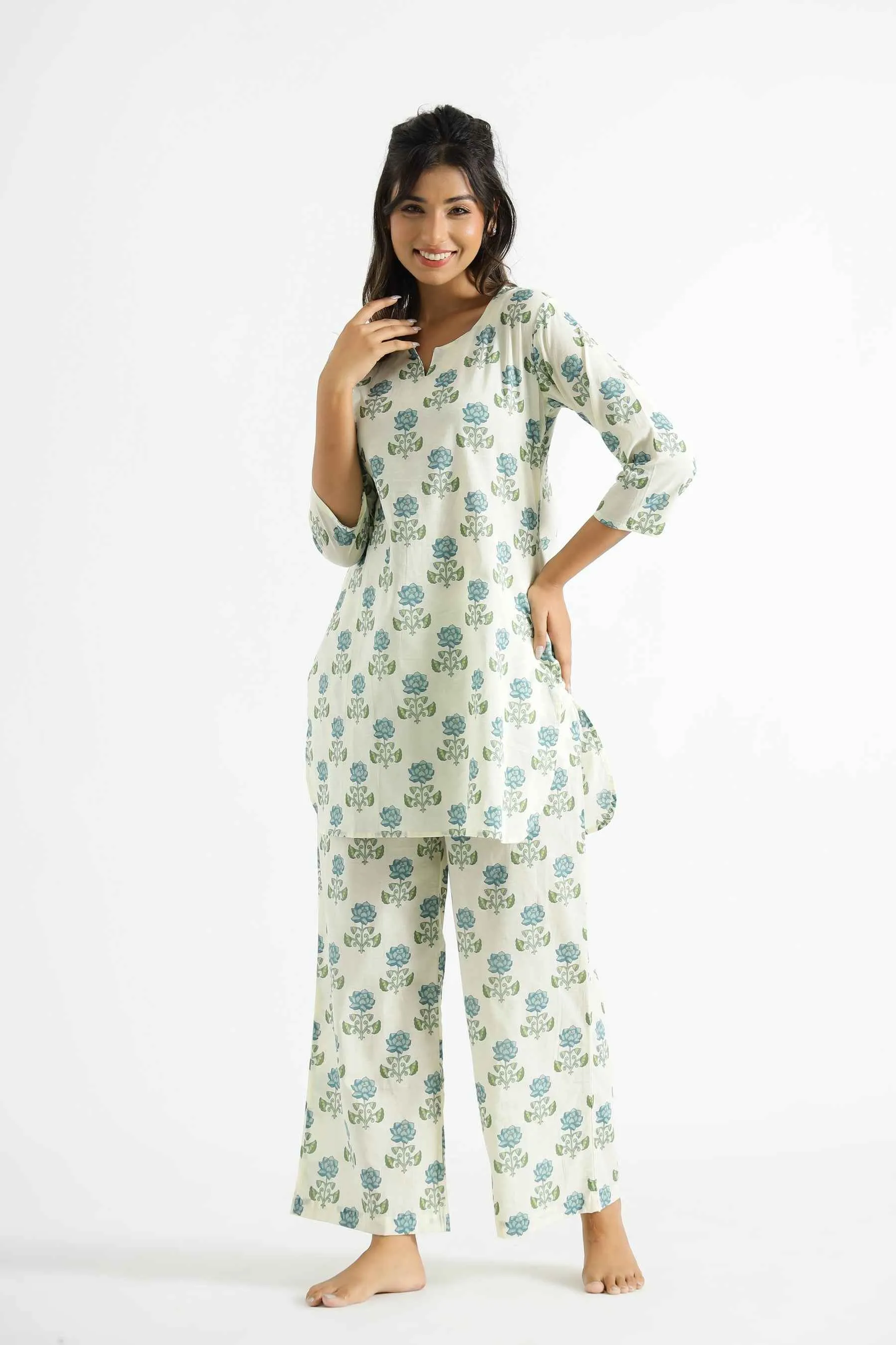 Rheycart Women's Cotton Rayon Printed V Neck 3/4th Sleeve Off White Co Ord Set For Women