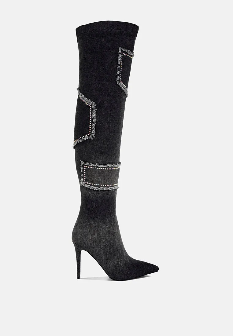 Rhinestones Knee High Denim Boots By RAG