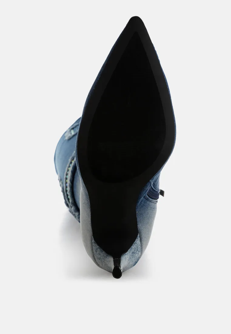 Rhinestones Knee High Denim Boots By RAG