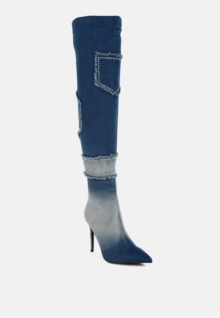 Rhinestones Knee High Denim Boots By RAG