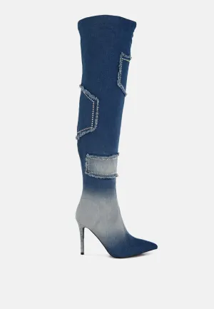Rhinestones Knee High Denim Boots By RAG
