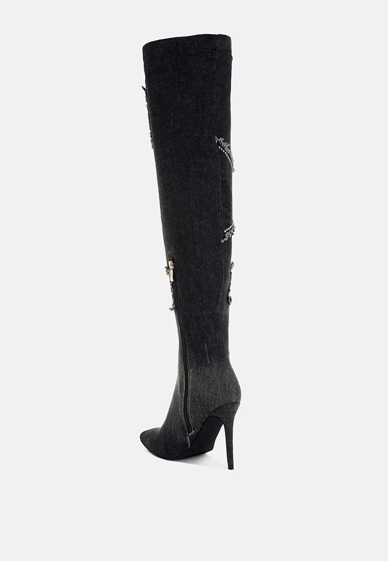 Rhinestones Knee High Denim Boots By RAG
