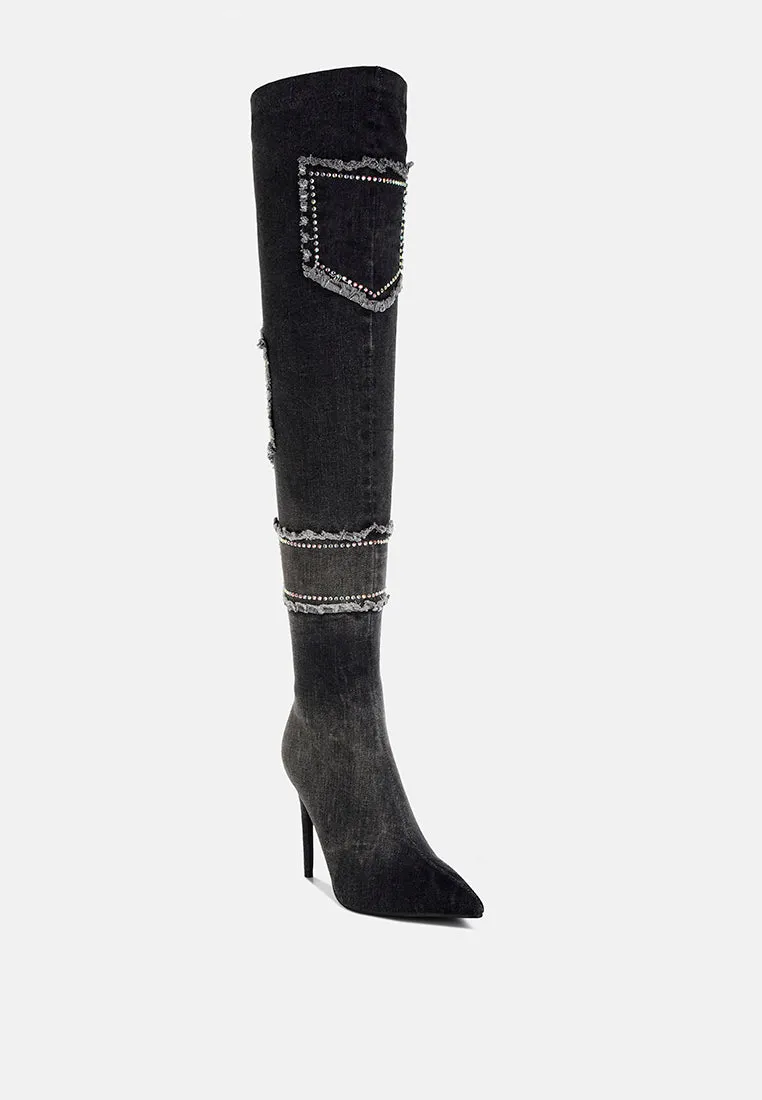 Rhinestones Knee High Denim Boots By RAG