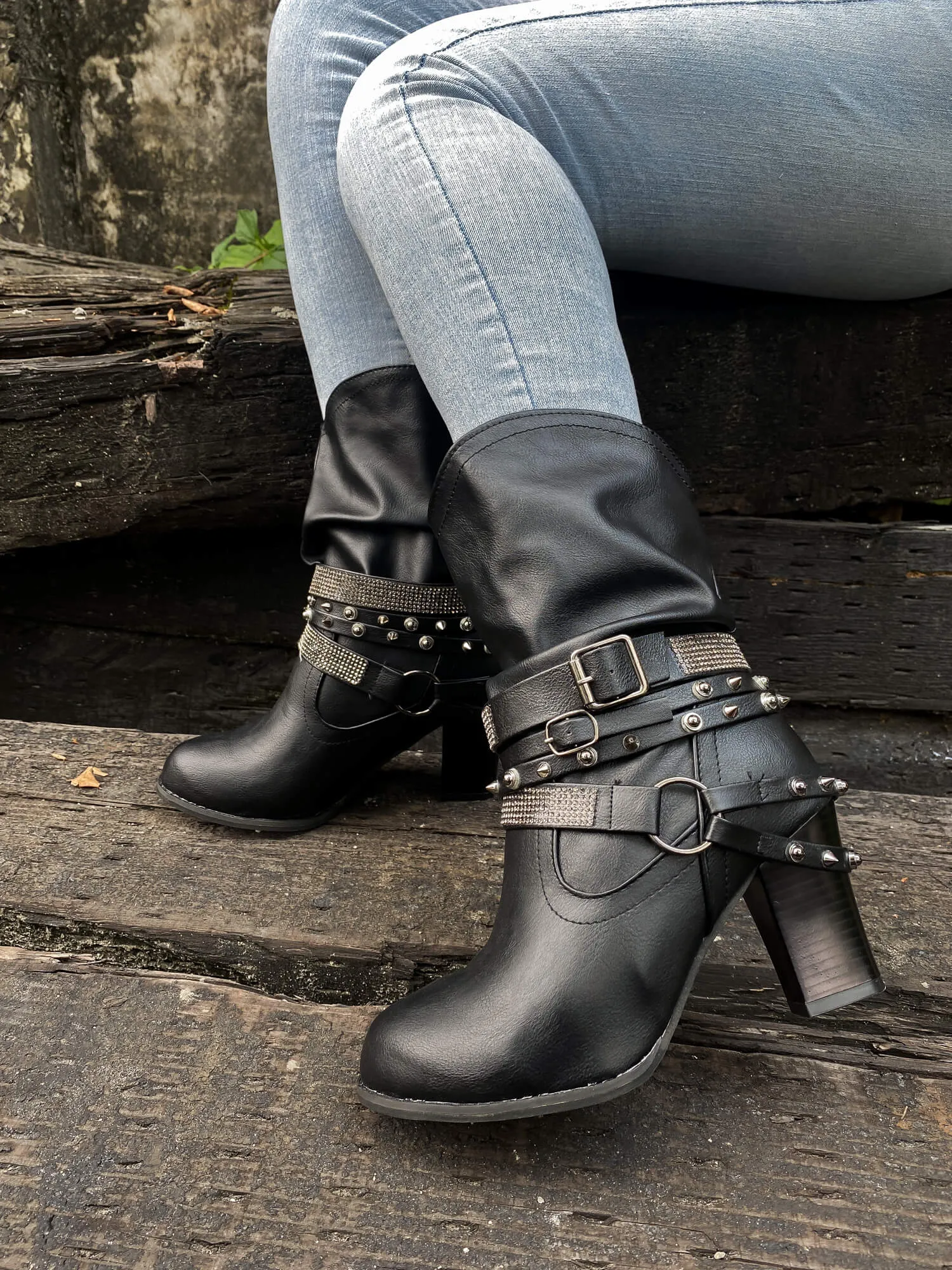 Rivet Strap-Wrapped Moto Boot - Black