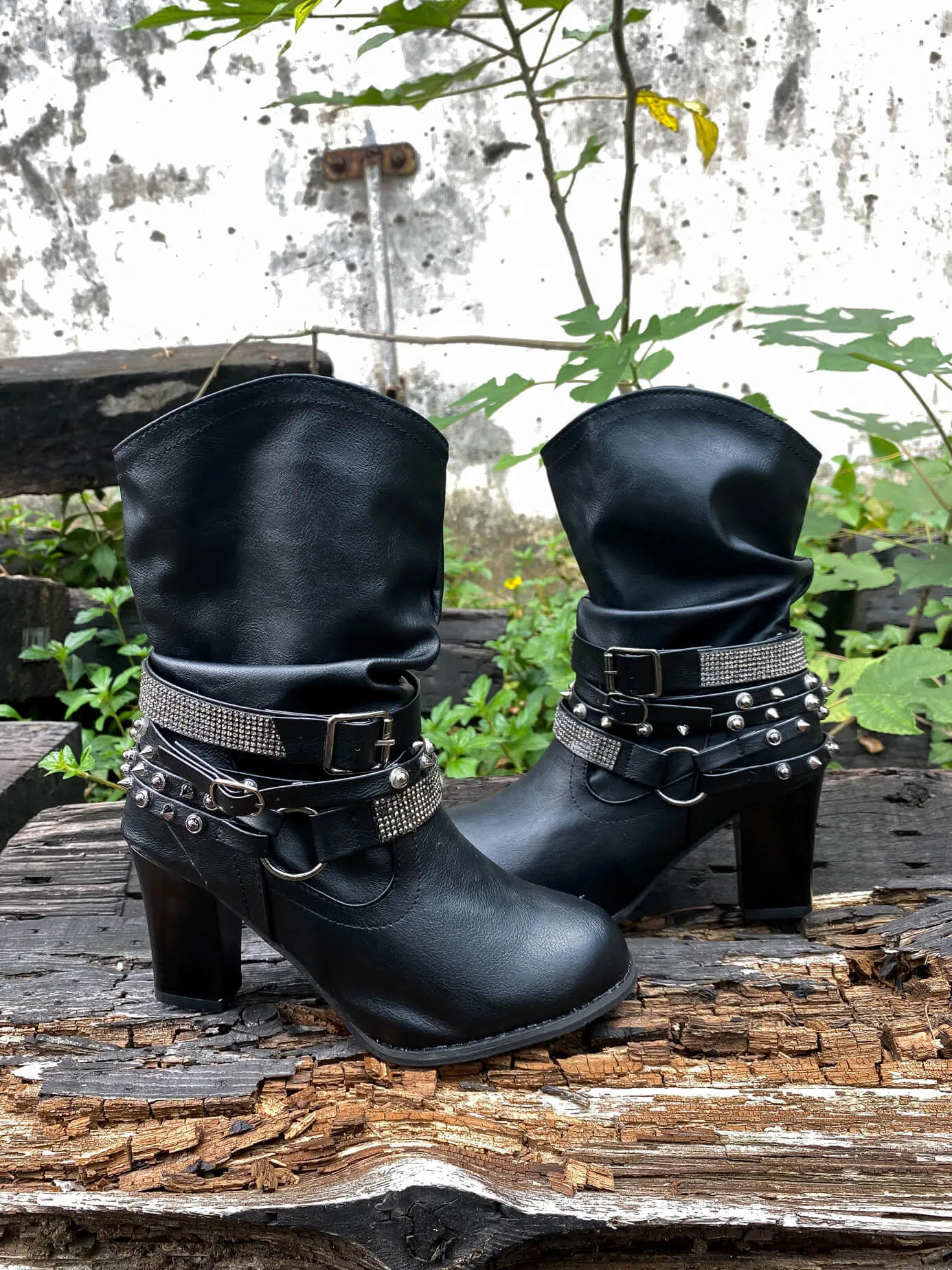 Rivet Strap-Wrapped Moto Boot - Black