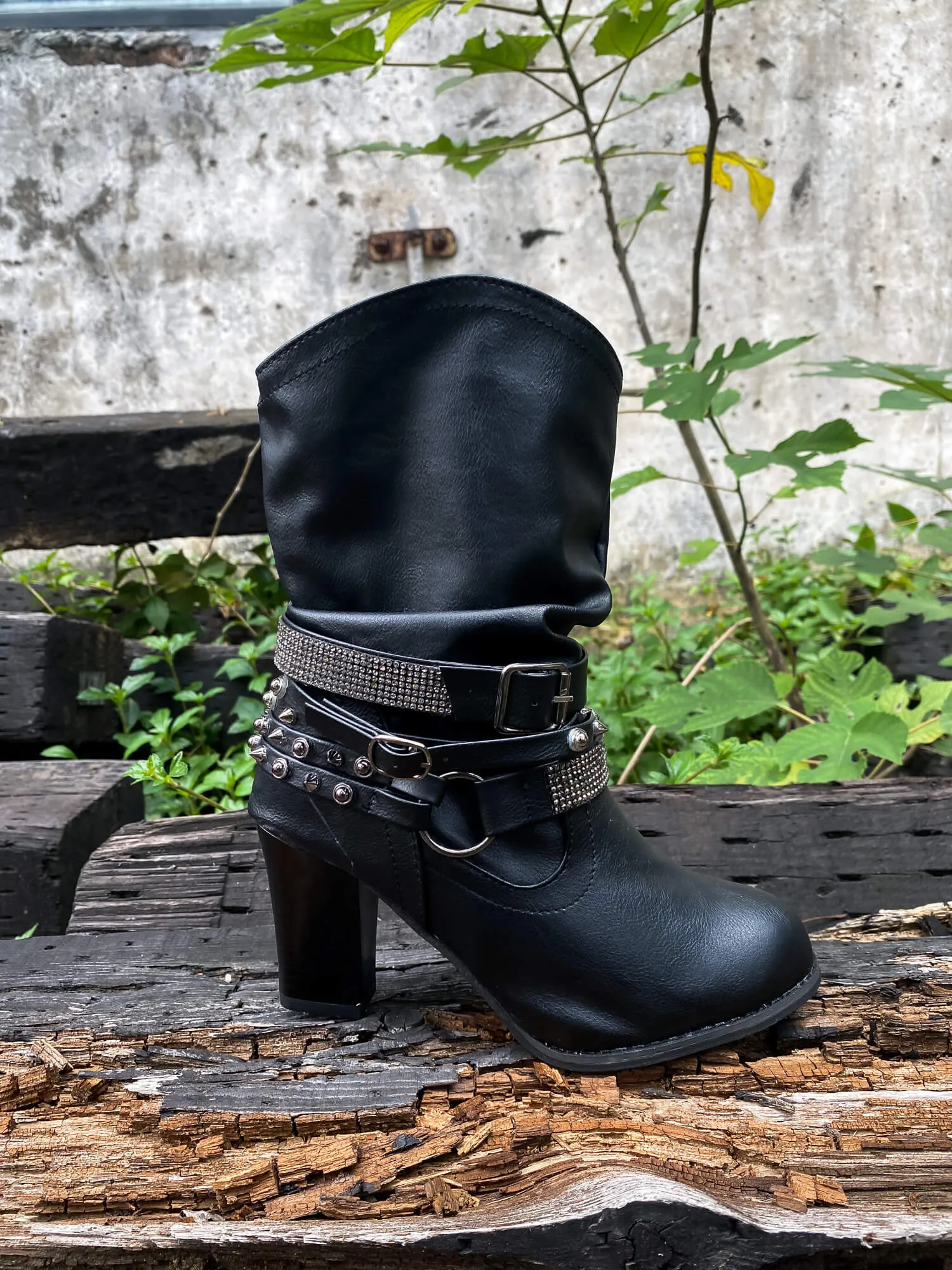 Rivet Strap-Wrapped Moto Boot - Black