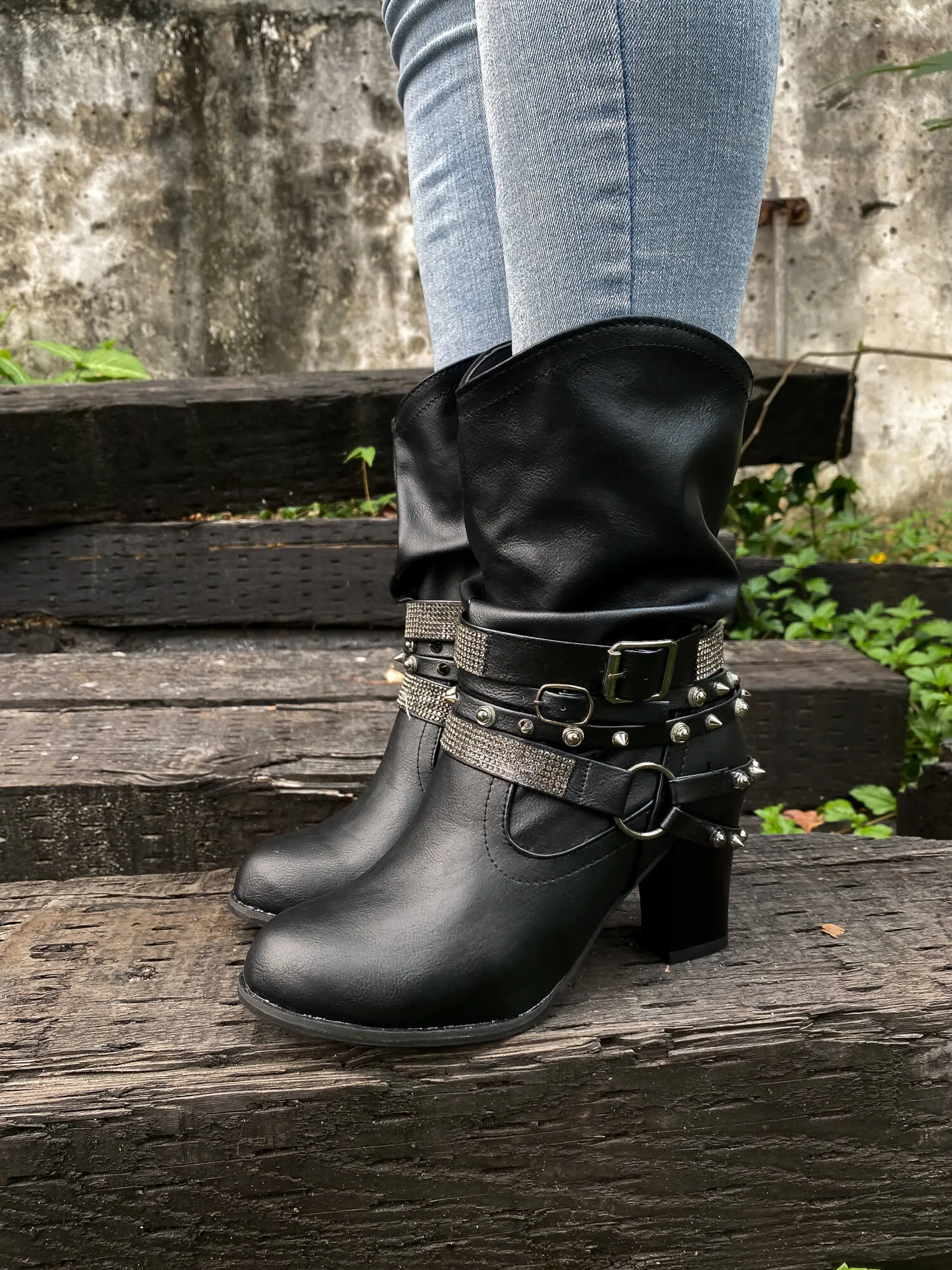 Rivet Strap-Wrapped Moto Boot - Black