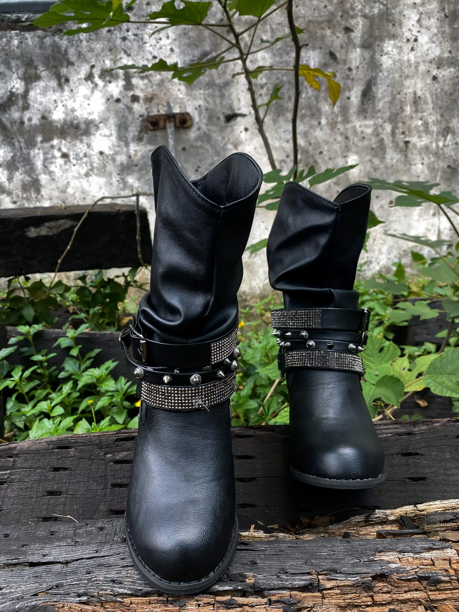 Rivet Strap-Wrapped Moto Boot - Black