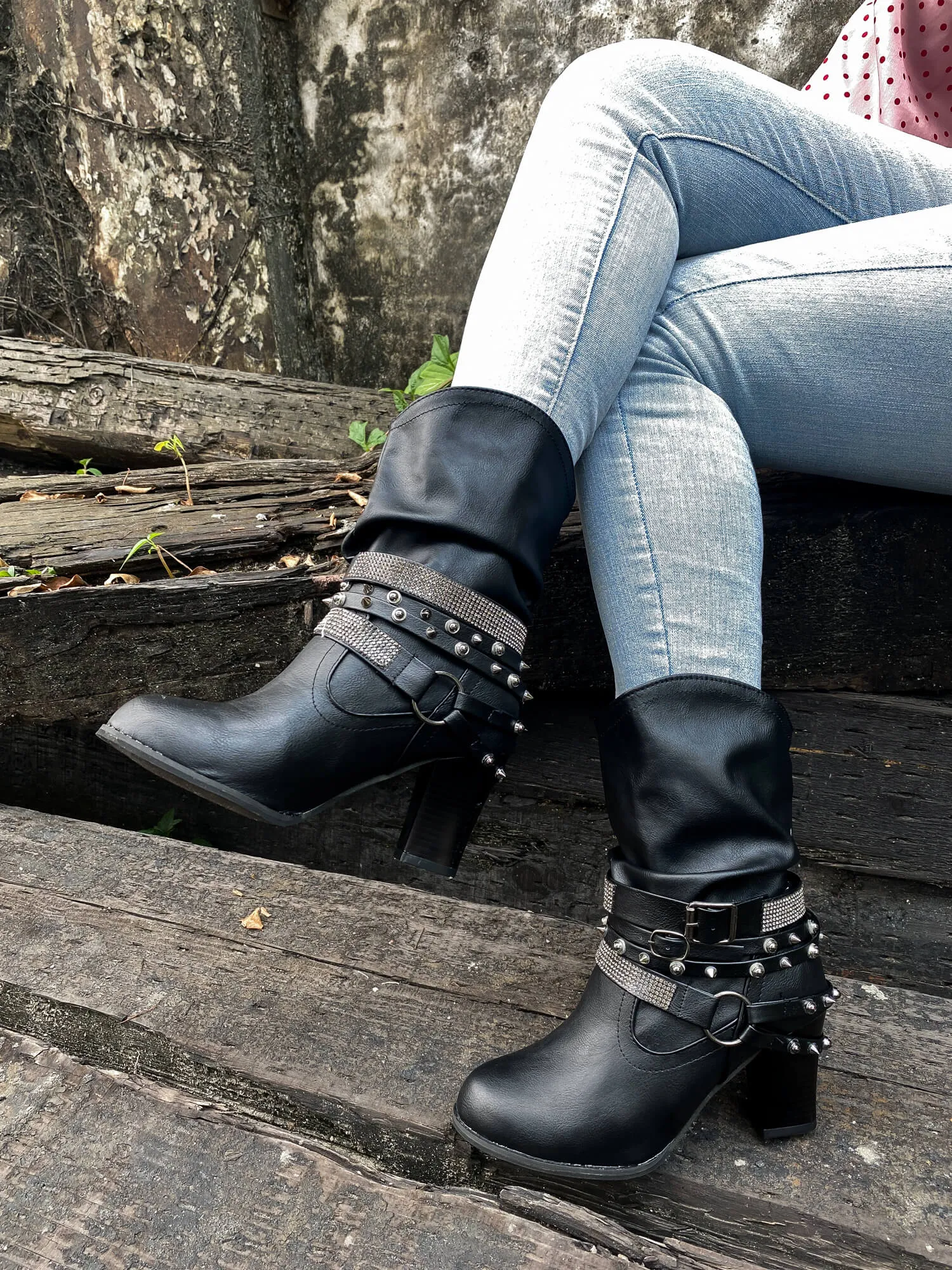 Rivet Strap-Wrapped Moto Boot - Black