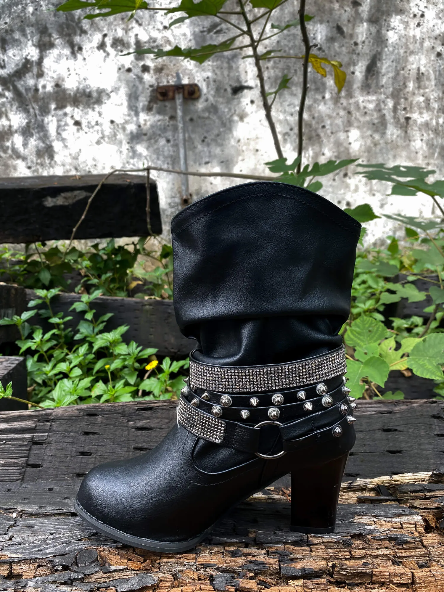 Rivet Strap-Wrapped Moto Boot - Black