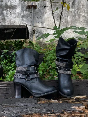 Rivet Strap-Wrapped Moto Boot - Black