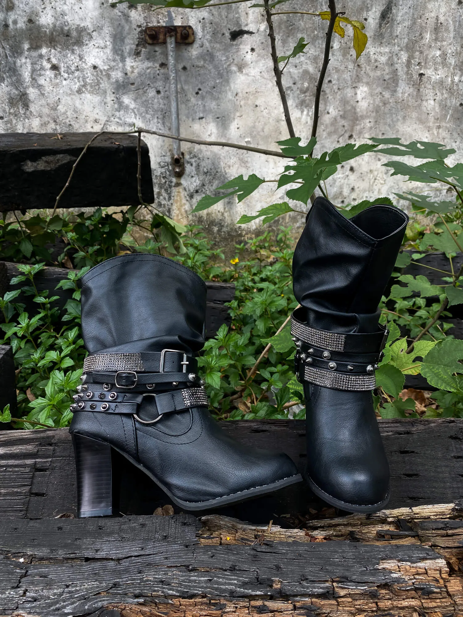 Rivet Strap-Wrapped Moto Boot - Black