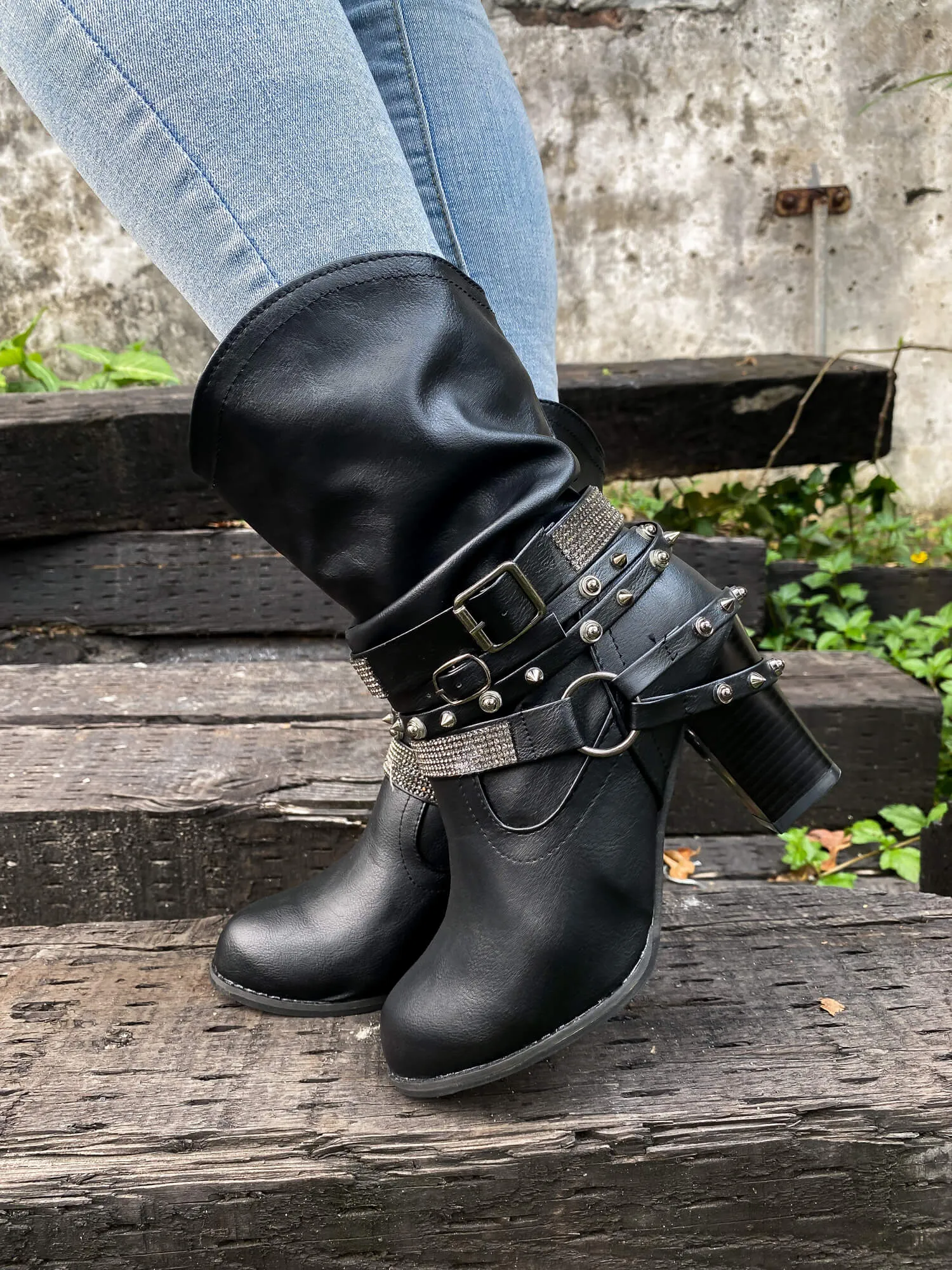 Rivet Strap-Wrapped Moto Boot - Black