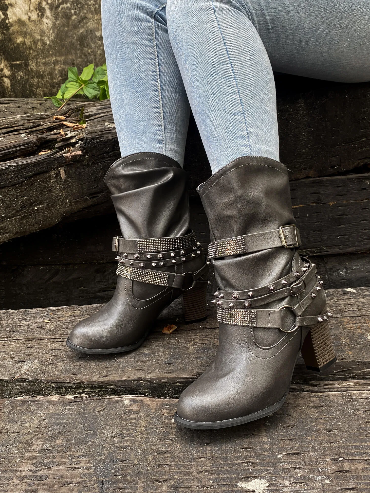 Rivet Strap-Wrapped Moto Boots - Charcoal