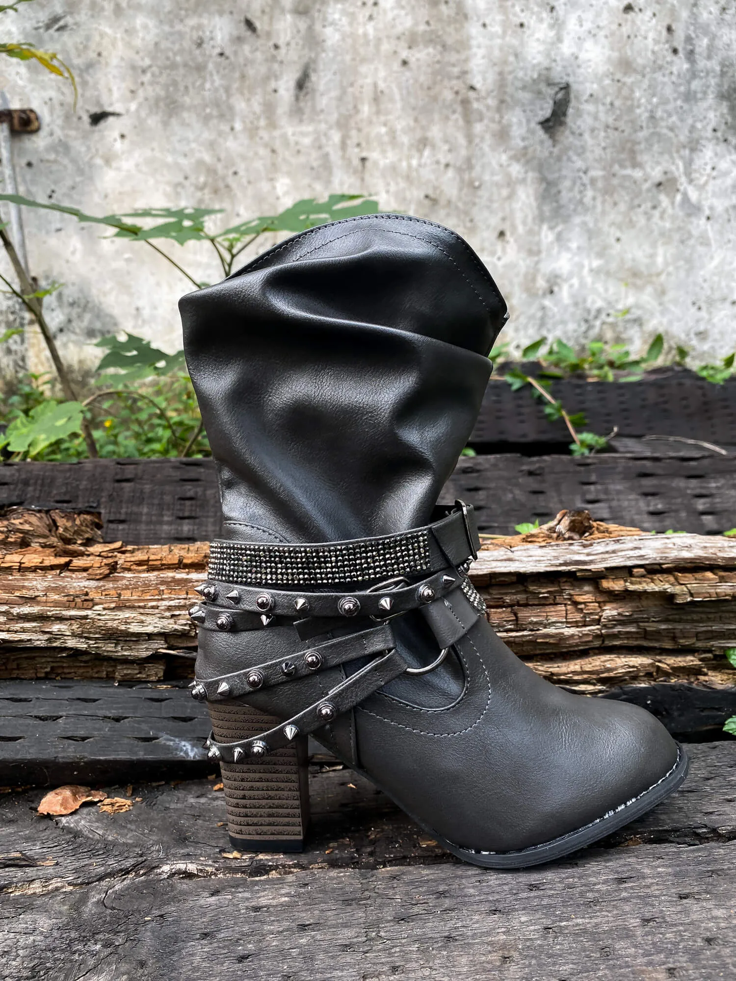 Rivet Strap-Wrapped Moto Boots - Charcoal