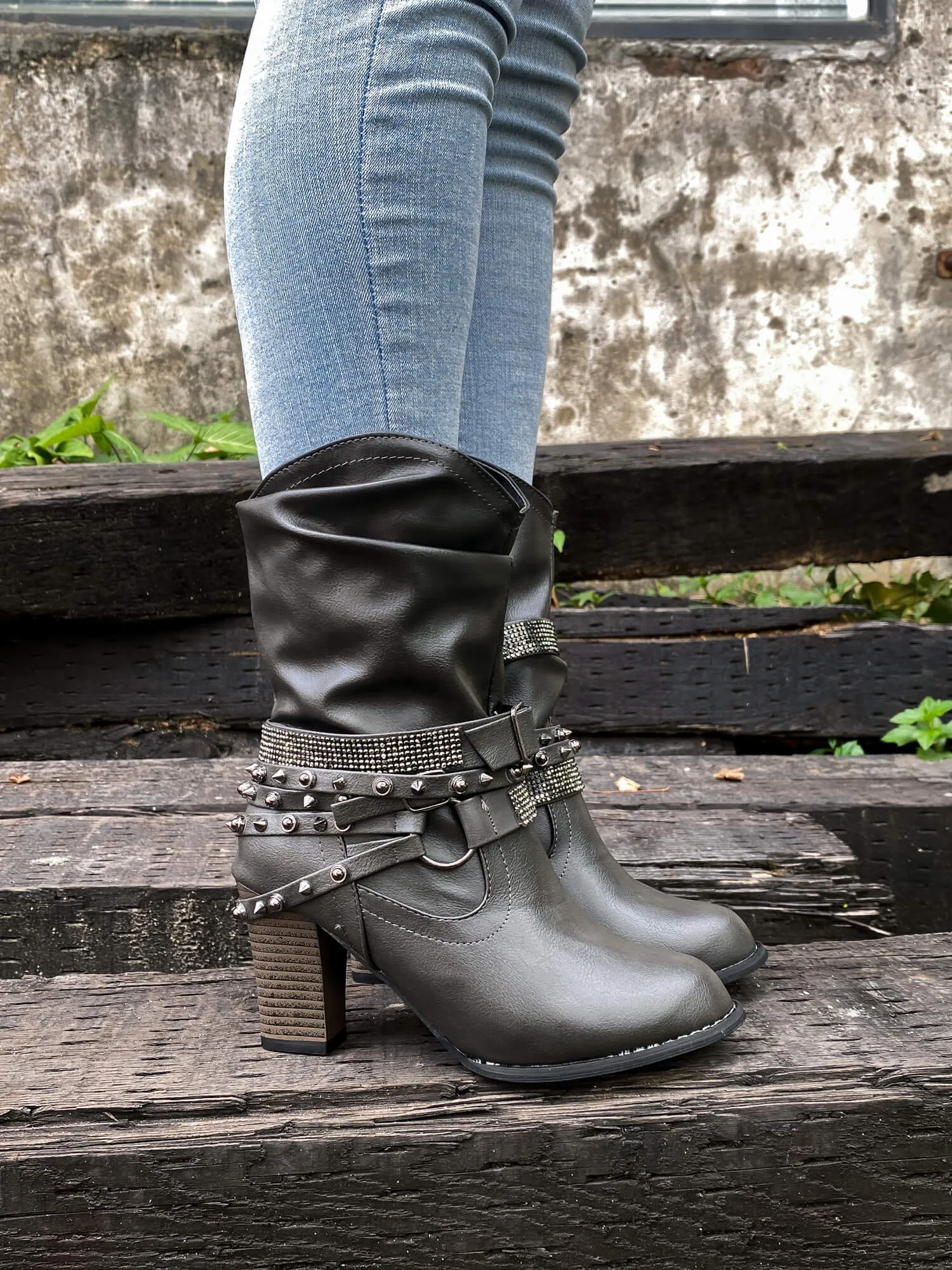 Rivet Strap-Wrapped Moto Boots - Charcoal