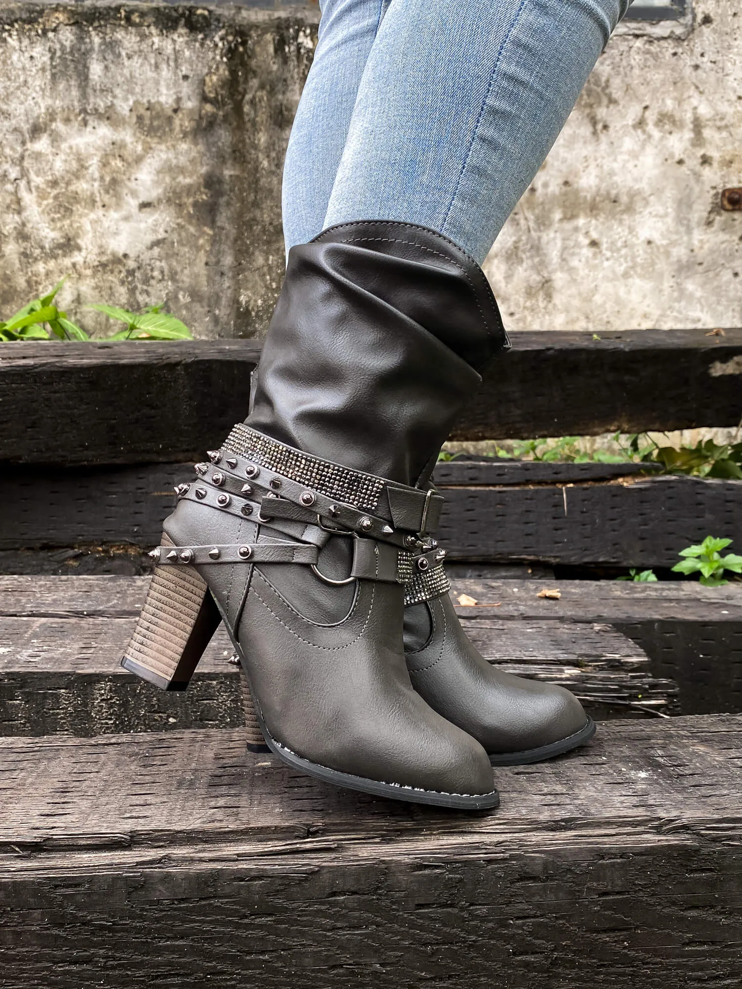 Rivet Strap-Wrapped Moto Boots - Charcoal
