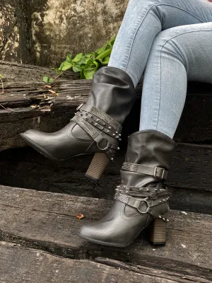 Rivet Strap-Wrapped Moto Boots - Charcoal