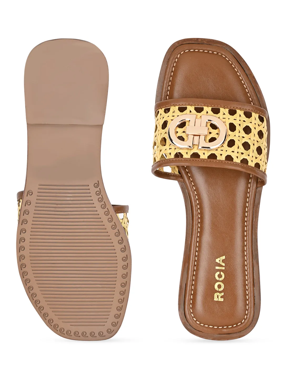 Rocia By Regal Tan Women Cane Buckled Sliders