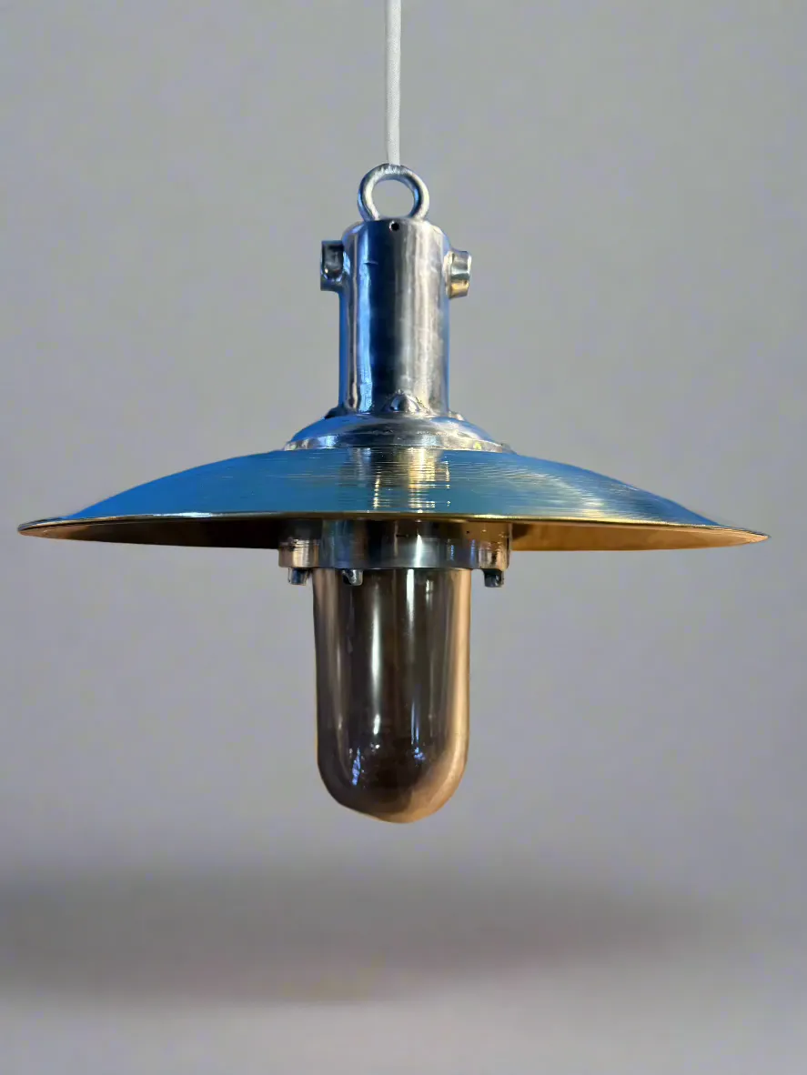 Salvaged Aluminium hanging  light & Shade Polished or original marine green