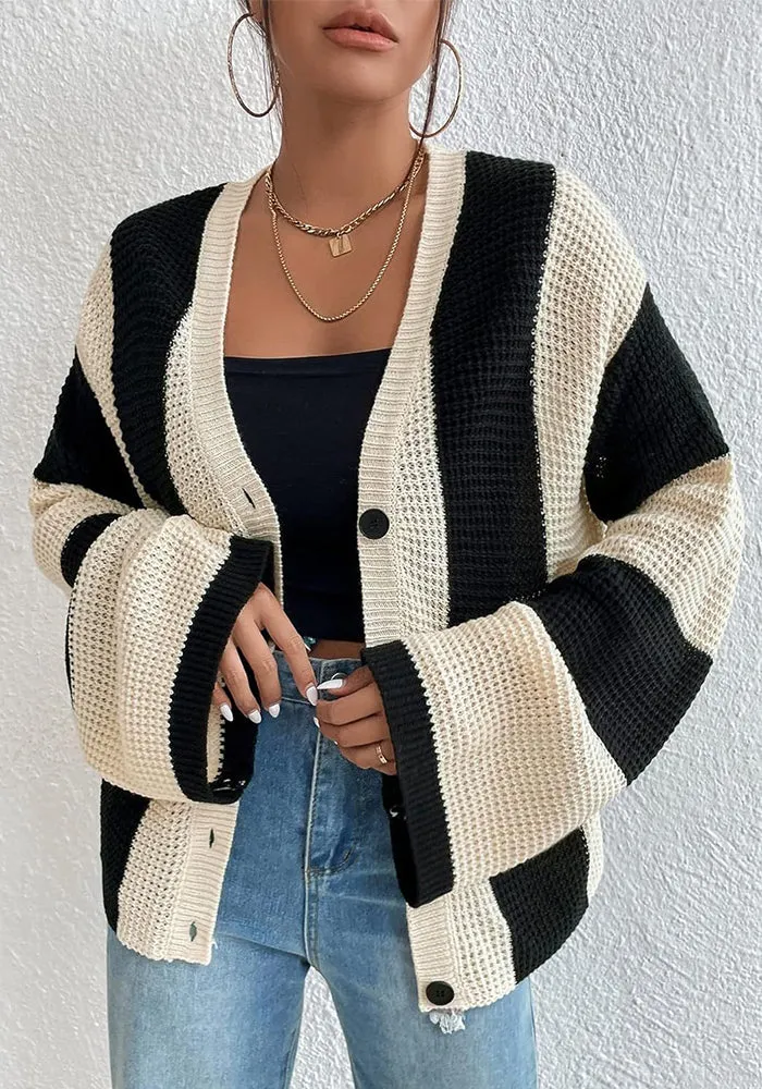 Trendy Striped Contrast Bell Sleeve Loose Knit Cardigan for Cozy Elegance
