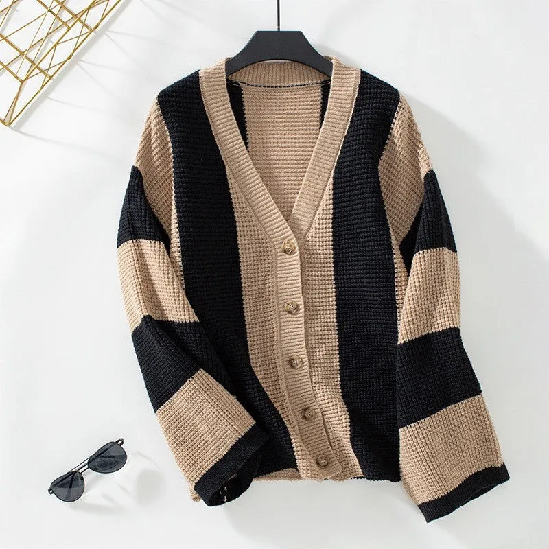 Trendy Striped Contrast Bell Sleeve Loose Knit Cardigan for Cozy Elegance