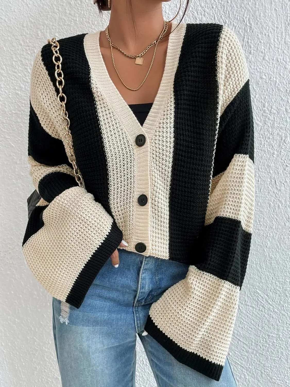 Trendy Striped Contrast Bell Sleeve Loose Knit Cardigan for Cozy Elegance