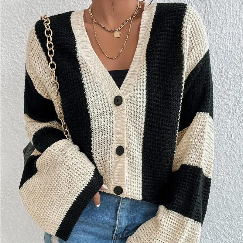Trendy Striped Contrast Bell Sleeve Loose Knit Cardigan for Cozy Elegance